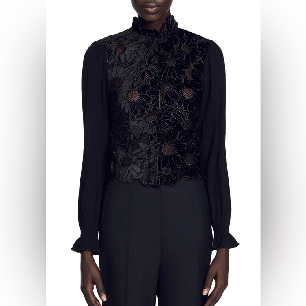 Sandro May Floral Guipure Velvet Lace Mock Neck Blouse - Picture 3 of 9